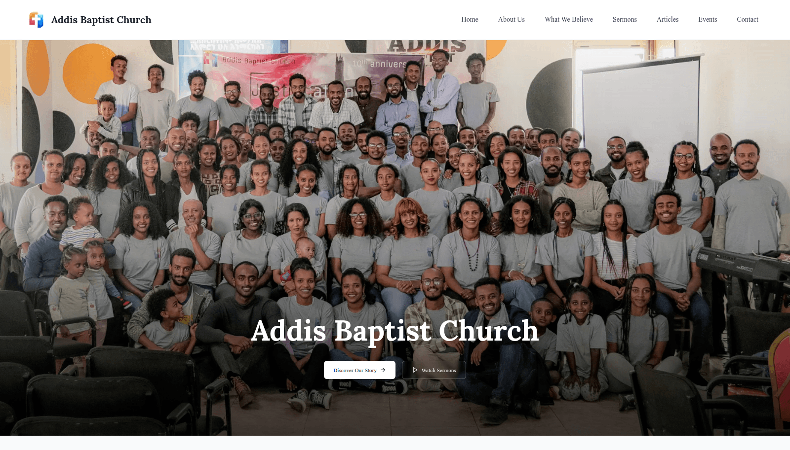 Addis Baptist Church — homepage with congregation photo