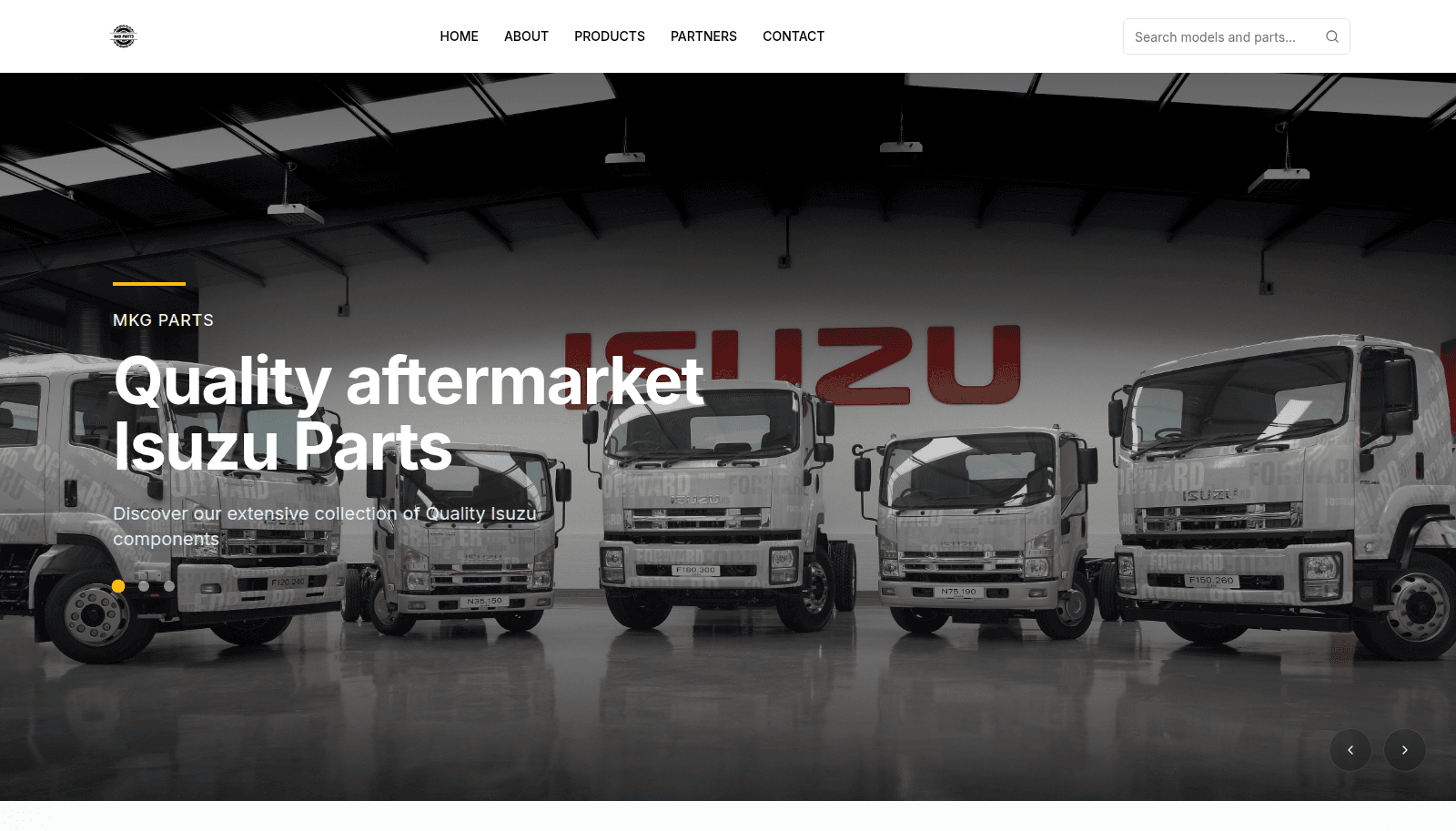 MKG Parts — homepage with Isuzu truck lineup